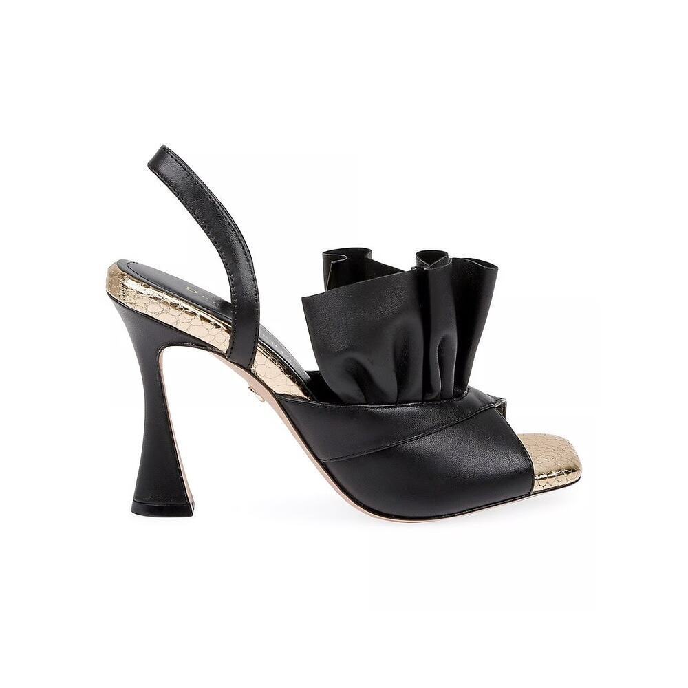 Dee Ocleppo Flutter Leather Ruffle Black Gold Open Toe Slingback Heel Size 10 - Picture 3 of 13